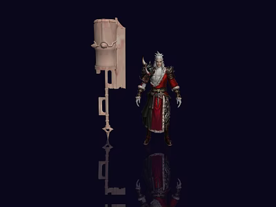 White Haired Game Character In Red Robe With Ornate Staff And Mechanical Structure 3d model
