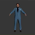 Man in Blue Suit Standing with Arms Outstretched Against Grey Background
