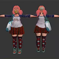 Blue Haired Girl Character With Animal Pattern T Shirt Red Plaid Skirt And White Bag