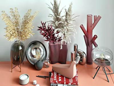 Decorative Ornament Combination With Dried Flowers Vases Metal Bowl Candle And Books 3d model