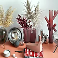 Decorative Ornament Combination With Dried Flowers Vases Metal Bowl Candle And Books