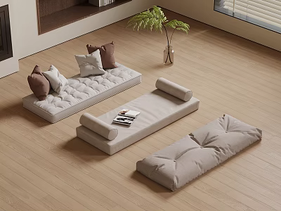 Modern Cozy Window Seat With Soft Cushions And Potted Plant On Wooden Floor 3d model