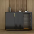 Elegant Modern Black Shoe Cabinet With Gold Handles Glass Door And Wooden Background