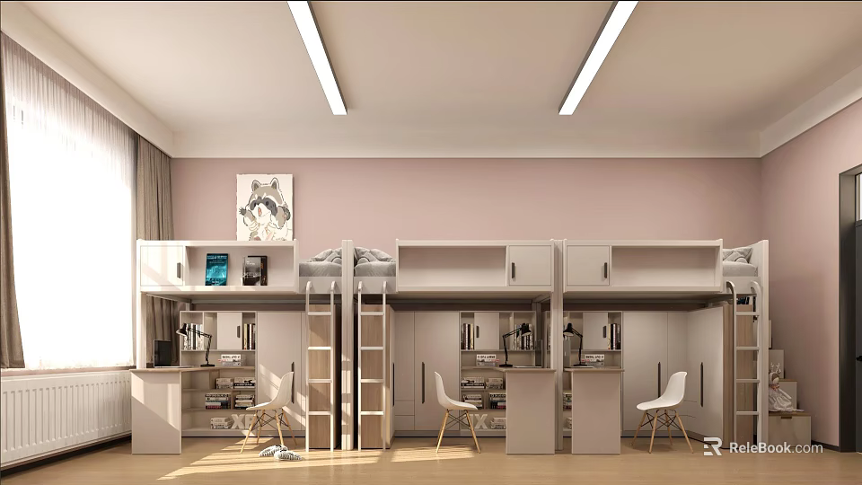 Modern Dormitory Room With Bunk Beds Desks And Chairs 3d model