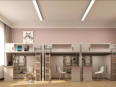 Modern Dormitory Room With Bunk Beds Desks And Chairs 3d model