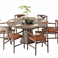 Round Dining Table Set With Six Brown Chairs And Tableware Green Plant 3d model