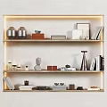Stylish Decorative Ornament Arrangement With Books Geometric Shapes And Metal Pieces On Illuminated Shelves