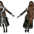 Detailed Game Film Character Design With Long Brown Hair Green White Outfit And Waist Weapon