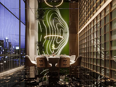 Modern Private Dining Room With Green Neon Wall Art City View Marble Table And Chairs 3d model