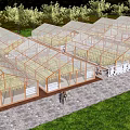 Garden Landscape Featuring Glass Greenhouse Structures Pathway Lush Plants And Trees