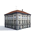 Detailed Building Model With Red Roof Stone Exterior And Multiple Windows From Various Angles