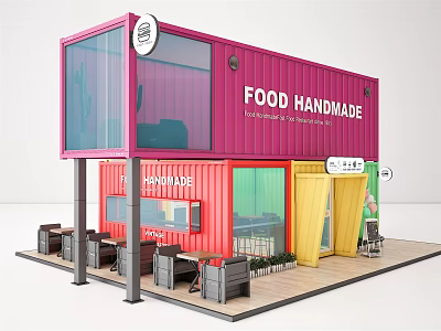Colorful Shipping Container Building for Handmade Food Shop with Outdoor Seating 3d model