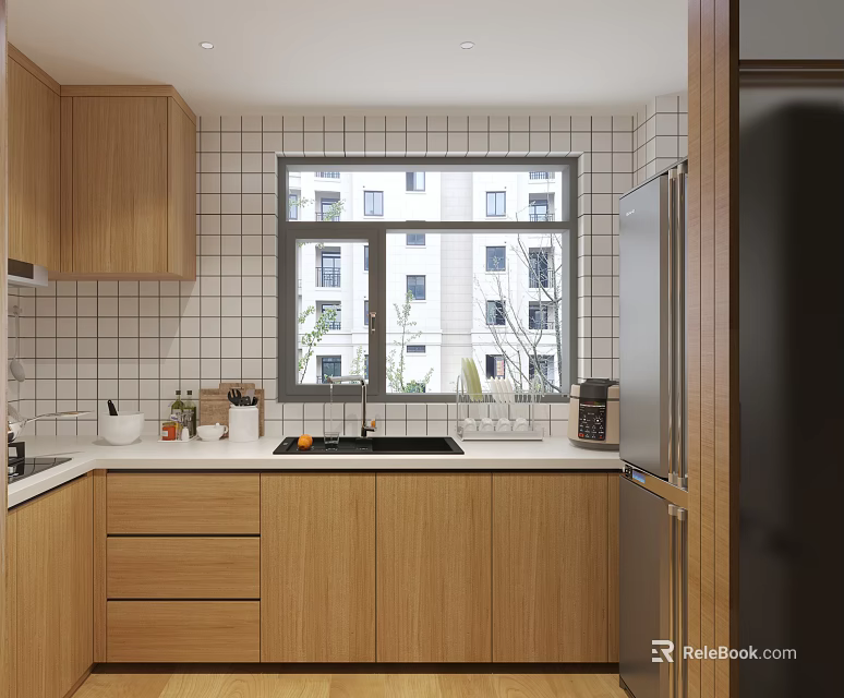 Modern Kitchen Interior With Wooden Cabinets White Countertop Sink And Window 3d model 