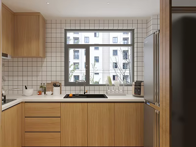Modern Kitchen Interior With Wooden Cabinets White Countertop Sink And Window 3d model