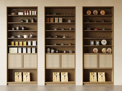 Wooden Entryway Console Cabinet With Multiple Shelves Grid Doors And Storage For Tea Sets Jars 3d model