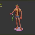 3D Character in Yellow T-shirt Holding Green Creature with Red Rope Standing on White Pedestal