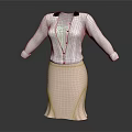 Women's White Striped Cardigan With Black Collar Lace Inner And Pink Skirt