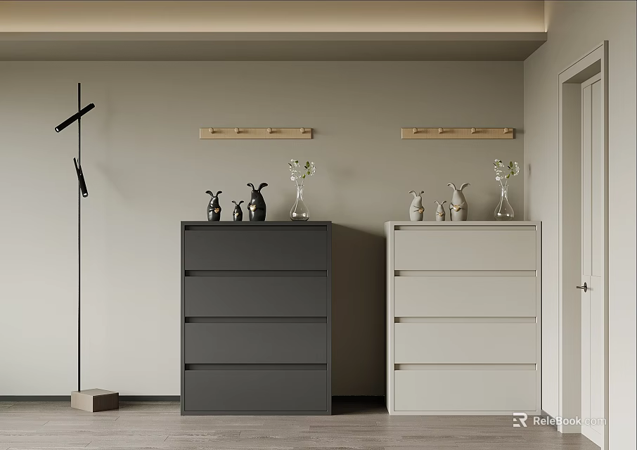 Modern Grey And White Shoe Cabinet With Wooden Shelves And Decorative Vases 3d model 