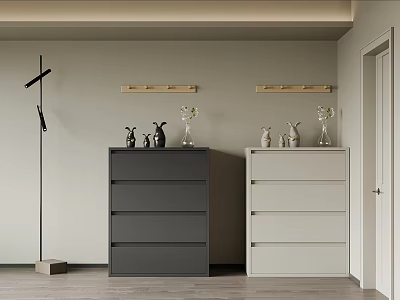 Modern Grey And White Shoe Cabinet With Wooden Shelves And Decorative Vases 3d model