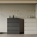 Modern Grey And White Shoe Cabinet With Wooden Shelves And Decorative Vases