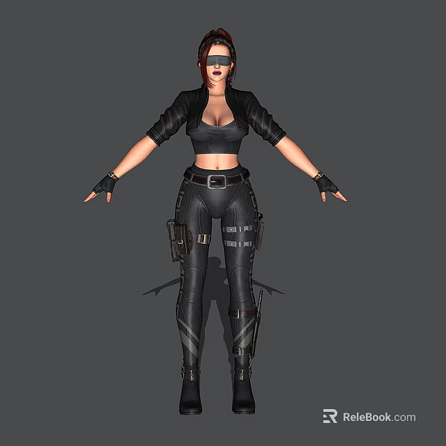 Detailed Game Movie Female Character With Black Leather Combat Outfit And Tactical Gear 3d model 