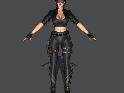 Detailed Game Movie Female Character With Black Leather Combat Outfit And Tactical Gear 3d model