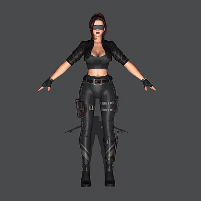 Detailed Game Movie Female Character With Black Leather Combat Outfit And Tactical Gear 3d model