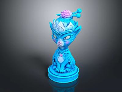 Blue Cat Sculpture With Pink Accents And Detailed Decorative Design On Base 3d model
