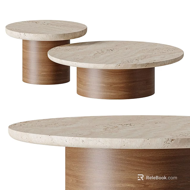 Modern Set of Two Round Coffee Tables With Travertine Top And Walnut Base 3d model 