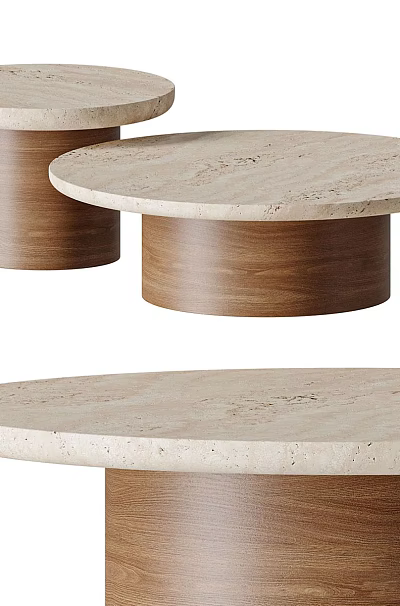 Modern Set of Two Round Coffee Tables With Travertine Top And Walnut Base 3d model