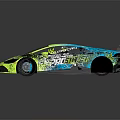 Vibrant Green And Blue Sports Car With Graphic Design Rear Spoiler And Sharp Front