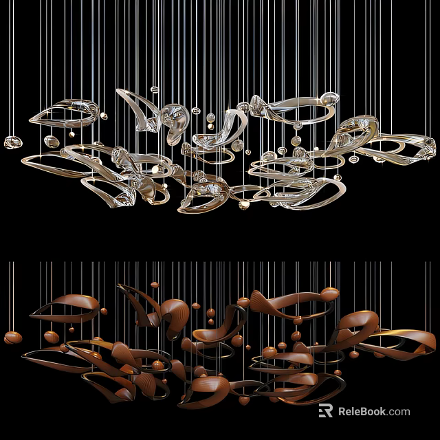 Modern Artistic Chandelier With Metallic Curves Transparent Glass And Hanging Design 3d model 