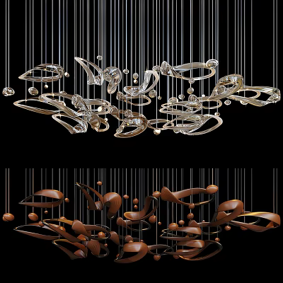 Modern Artistic Chandelier With Metallic Curves Transparent Glass And Hanging Design 3d model