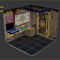 Underground Chamber With Brick Walls Map Laptop Metal Door Red Valve Grid Floor
