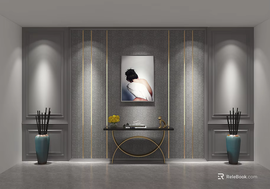 Gray Decorative Background Wall With Gold Lines Painting Console Table Vases And Wall Lights 3d model 