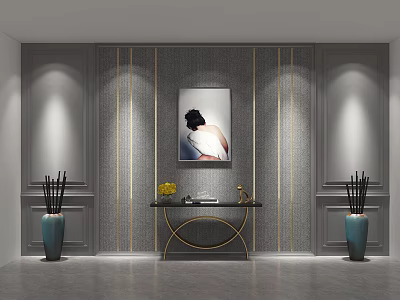 Gray Decorative Background Wall With Gold Lines Painting Console Table Vases And Wall Lights 3d model