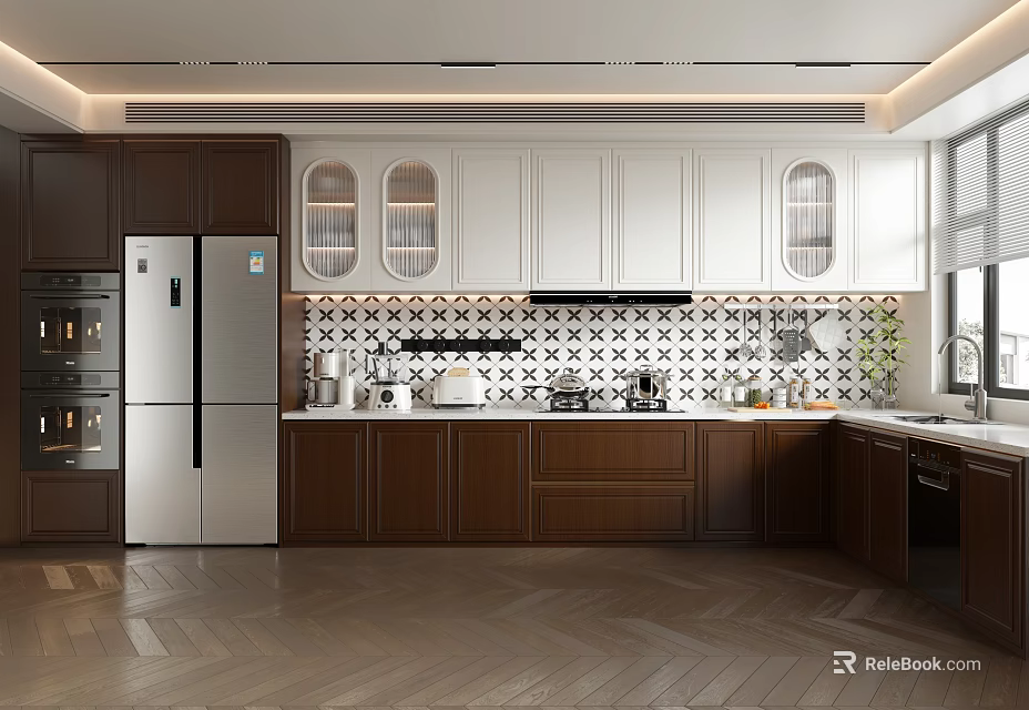 Modern Kitchen With Dark Brown And White Cabinets Stainless Steel Appliances And Tile Backsplash 3d model 