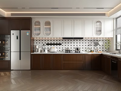 Modern Kitchen With Dark Brown And White Cabinets Stainless Steel Appliances And Tile Backsplash 3d model