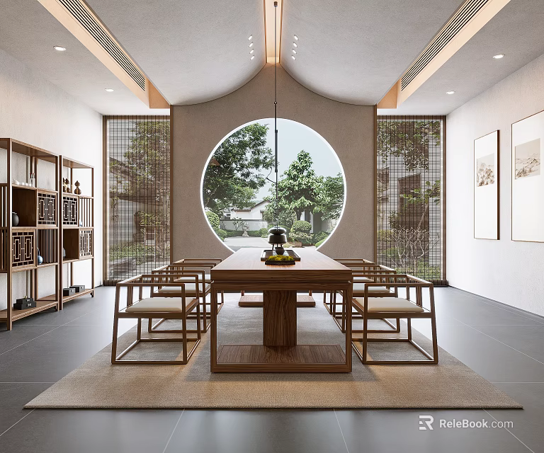 Traditional Tea Room Interior With Circular Window Green Plants Wooden Screens And Bookshelves 3d model 
