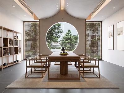 Traditional Tea Room Interior With Circular Window Green Plants Wooden Screens And Bookshelves 3d model