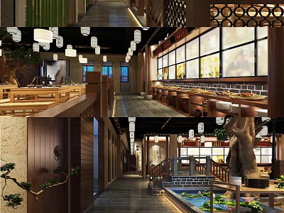 Traditional Restaurant Interior With Wooden Decor Lantern Lights Open Dining And Green Plants 3d model