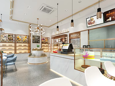 Dessert Shop Interior Design Featuring Glass Display Cases Marble Counter Comfortable Seating And Pendant Lights 3d model