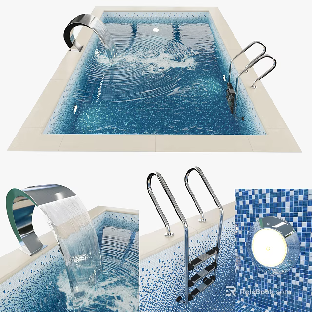 Swimming Pool Interior With Blue Mosaic Tiles Waterfall Handrails And Underwater Light 3d model 