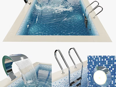 Swimming Pool Interior With Blue Mosaic Tiles Waterfall Handrails And Underwater Light 3d model