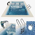 Swimming Pool Interior With Blue Mosaic Tiles Waterfall Handrails And Underwater Light