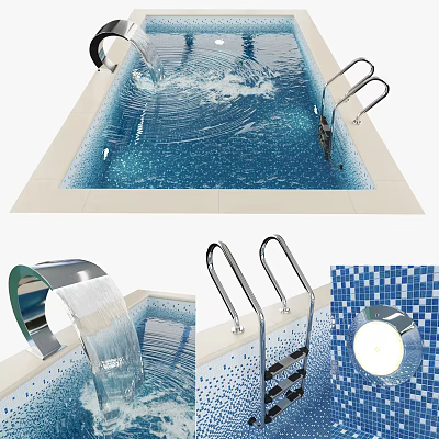 Swimming Pool Interior With Blue Mosaic Tiles Waterfall Handrails And Underwater Light 3d model