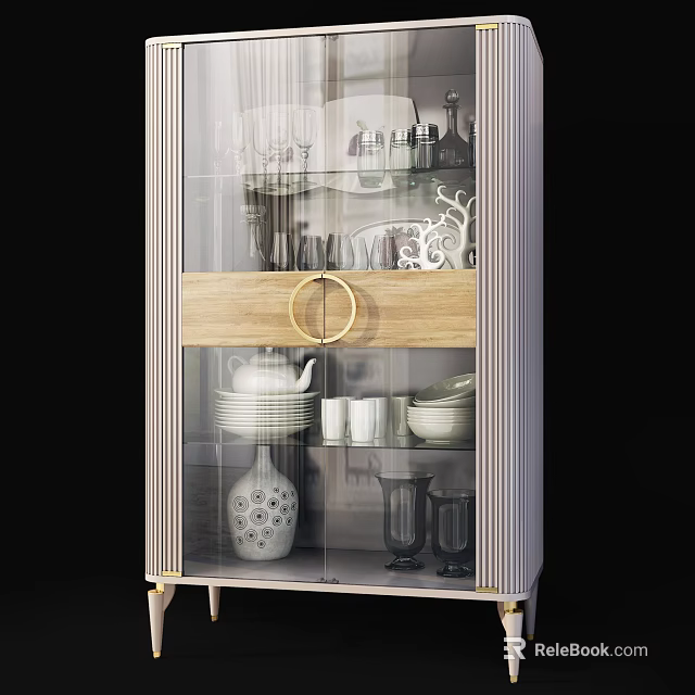 Modern Display Cabinet With Glass Doors Dishes Vase Decorative Items Wooden Panel Gold Handle 3d model 