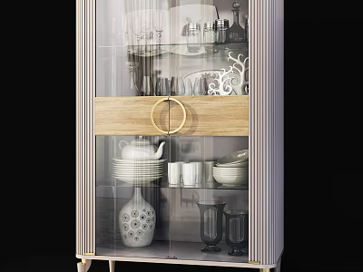 Modern Display Cabinet With Glass Doors Dishes Vase Decorative Items Wooden Panel Gold Handle 3d model