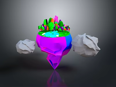 Colorful Floating Island With Green Plants Colorful Trees Blue Pond And Clouds 3d model