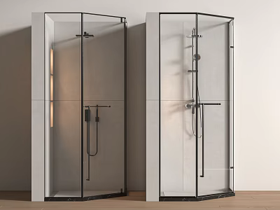 Modern Glass Shower Enclosure Design With Black Frame And Stone Wall On Wooden Floor 3d model